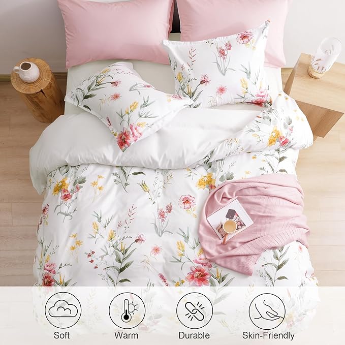 PHF Ultra Soft Floral Duvet Cover King Size, Printed Bedding Set 3 Pieces, Comfy Durable Farmhouse Duvet Cover Set with 2 Pillow Shams, Zipper Closure and 8 Ties, 104"x90", White & Yellow