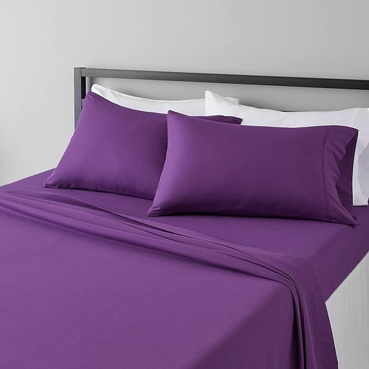 Amazon Basics Breathable Microfiber 4-Piece Bed Sheet Set with 14-Inch Deep Pockets, Wrinkle Resistant, King, Plum, Solid