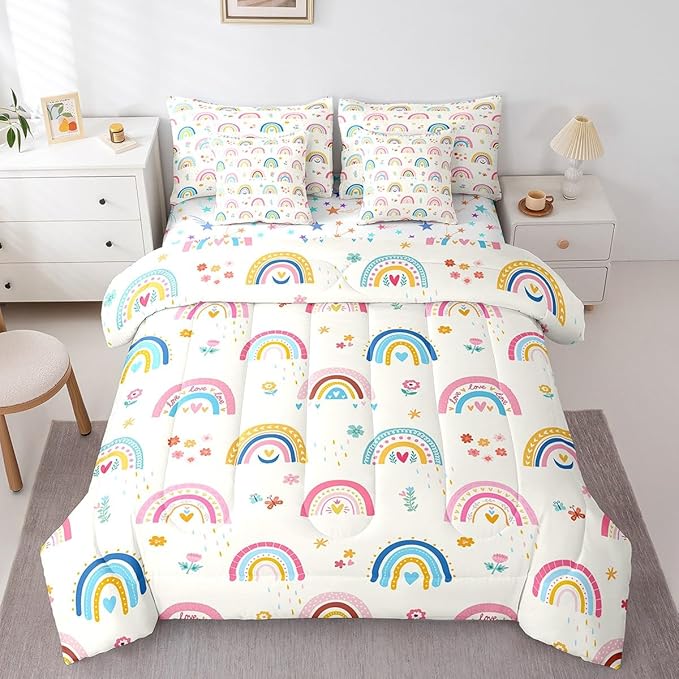 Feelyou Kids Rainbow 7 Pieces Bedding Set King Size, Colorful Stripes Comforter Set with Sheets Cute Cartoon Bed in A Bag Boys Girls Multicolor Teens Bed Set Bedroom Decor 7Pcs