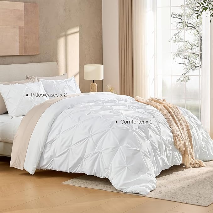 Andency White Full Size Comforter Set (79x90Inch), 3 Pieces Cute Soft Pinch Pleat Bedding Comforters & Sets, All Season Lightweight Fluffy Down Alternative Western Bed Set for Women Men Girls
