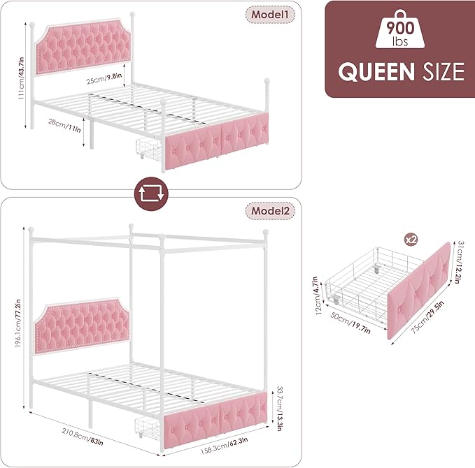 Keyluv Queen Upholstered Canopy Bed Frame with 2 Drawers and Button Tufted Headboard, Metal Platform Bed with 4 Removable Posts Two-Purpose Velvet Bed No Box Spring Needed, Pink/Curtains Not Included