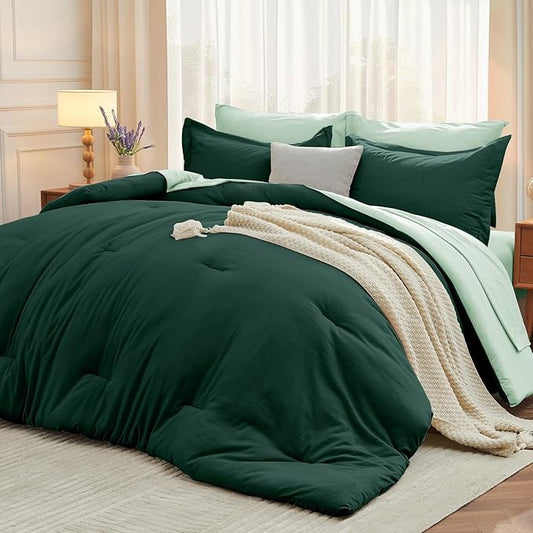 MUXHOMO 7 Pieces Full Comforter Set, Soft Bed in a Bag Full Size, All Season Bedding Set with Comforter, Flat Sheet, Fitted Sheet, Pillowcases & Shams, Forest Green & Sage Green
