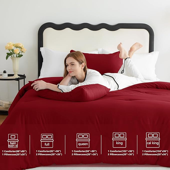 CozyLux Queen Comforter Set Dark Red, 3 Pieces Solid Queen Comforter Breathable Quilted Style Bedding Sets, Luxury Soft Bed Set with Down Alternative Comforter All Season (1 Comforter & 2 Pillowcases)