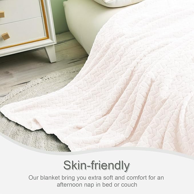 Exclusivo Mezcla Fleece Queen Size Blanket for Bed, 90x90 Inches Soft Cozy Jacquard Flannel Blankets, Lightweight Fuzzy Plush Warm for Women, Off White
