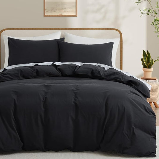 LOVQUE 100% Washed Cotton Duvet Cover Set King Size, Linen Like Natural Bedding Set with Zipper Closure (No Comforter), 104x90 Inches, Black