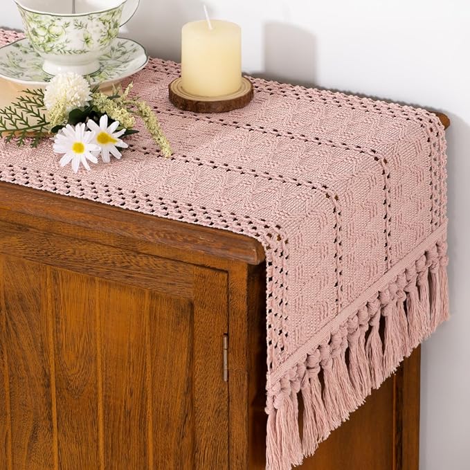 Socomi Boho Table Runner Valentine's Day Farmhouse Rustic Dining Kitchen Centerpiece Decor Small Macrame Woven Cotton Linen Coffee Table Runner for Dresser Scarf Home Decor 12x36 in Pink
