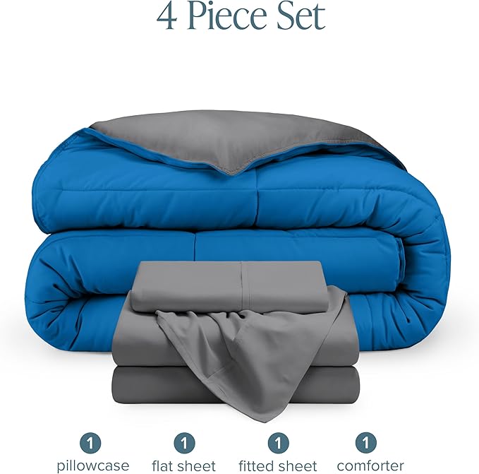Bare Home Reversible Bed-in-A-Bag Comforter & Sheet Set - Twin - Down Alternative - Soft - Bedding Set (Twin, Medium Blue/Grey, Grey)
