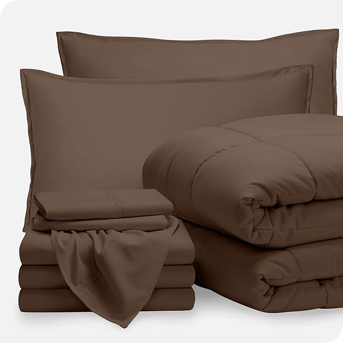 Bare Home Bed-in-A-Bag 8 Piece Comforter & Sheet Set - Split King - Goose Down Alternative - Ultra-Soft 1800 Premium Bed Set (Split King, Cocoa/Cocoa)
