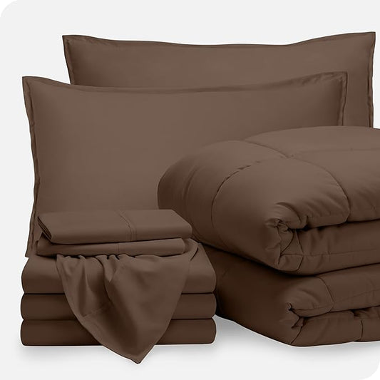 Bare Home Bed-in-A-Bag 8 Piece Comforter & Sheet Set - Split King - Goose Down Alternative - Ultra-Soft 1800 Premium Bed Set (Split King, Cocoa/Cocoa)