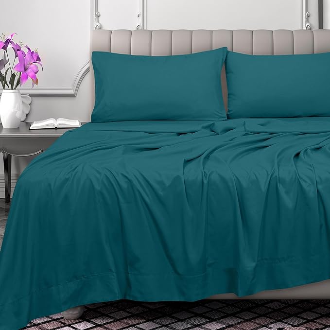Royale Linens 300 Thread Count 100% Long Staple Combed Cotton Flat Sheet - Super Soft - Top Sheets - Queen Flat Sheet Sold Separately - Breathable, Cool & Crisp Percale Sheets Only (Queen, Teal)