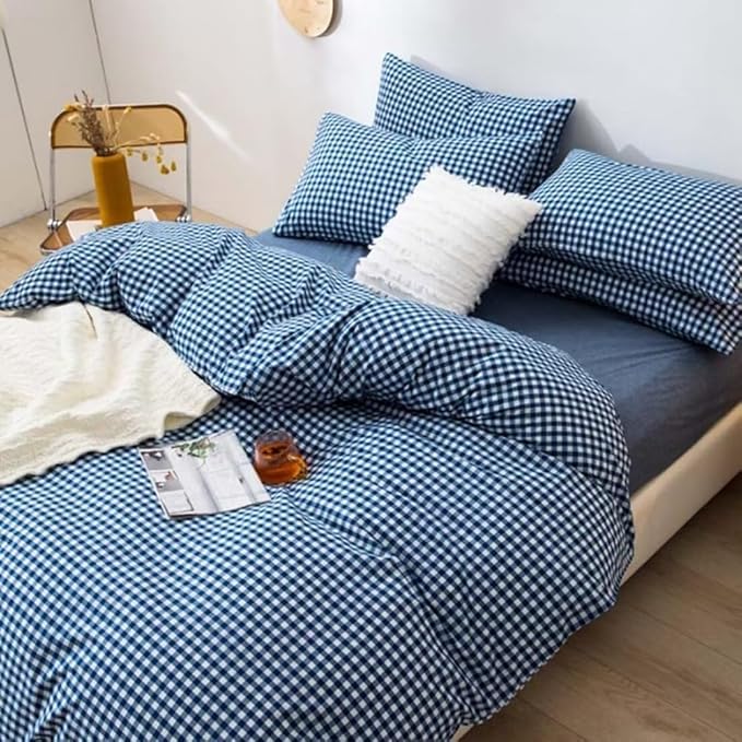 LifeTB Royal Blue Gingham Comforter Set Twin XL Modern Style Blue Grid Bed Comforter Luxury Soft Gingham Bedding Set 3 Pieces Soft Fluffy Plaid Checkered Comforter Set with 2 Pillowcases Breathable
