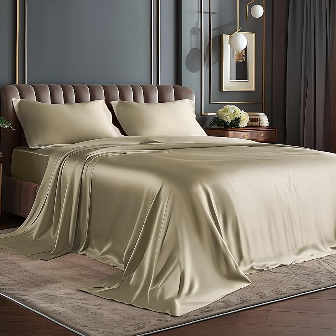 BEDELITE Satin Sheets Twin Size Bed Set, Luxury Soft Taupe Silky Sheets for Hair and Skin, Similar to Silk Bed Sheets Set 3 Pieces with 1 Deep Pocket Fitted Sheet, 1 Flat Sheet, and 1 Pillowcase