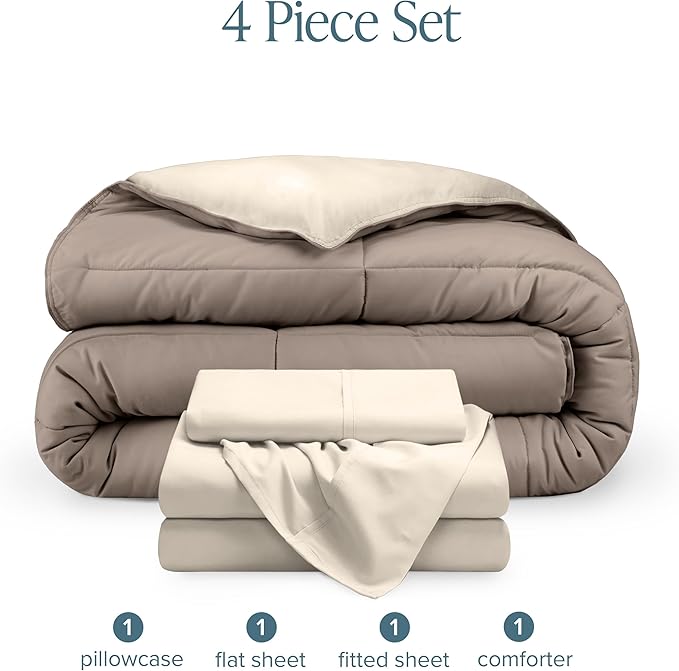Bare Home Reversible Bed-in-A-Bag Comforter & Sheet Set - Twin - Down Alternative - Soft - Bedding Set (Twin, Taupe/Sand, Sand)