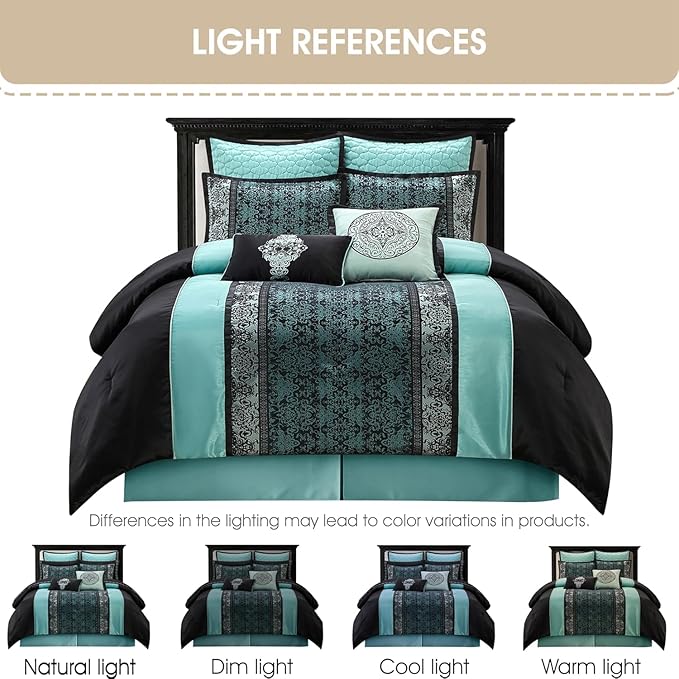 Grand Avenue Black & Teal Comforter Set California King, Classic Jacquard Bedding Sets, Faux Silk, Premium Microfiber, 8 Pieces Bed in a Bag, Embroidered Pillows