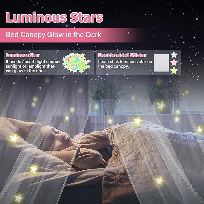 Bed Canopy with Lights, Bed Canopy for Girls Princess with Luminous Stars, Canopy Bed Curtains for Twin Size Bed, Baby Kids Adult Indoor Decor Bedroom Reading Nook Outdoor Camping, White