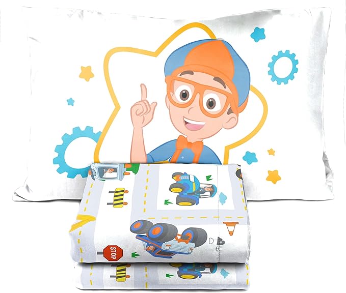 Jay Franco Blippi & Meekah Trucks Toddler Comforter Set - 4 Piece Blue Bedding Sheet Set & Pillow Cover - Super Soft Microfiber Bed Set