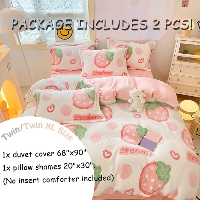 MorroMorn Twin Duvet Cover Set, Pink Strawberry Cute Bedding Sets, Fluffy Comforter Covers Lightweight Blanket Ultra Soft Kawaii for Girls Kids Toddler Teen Women Twin/Twin XL Size