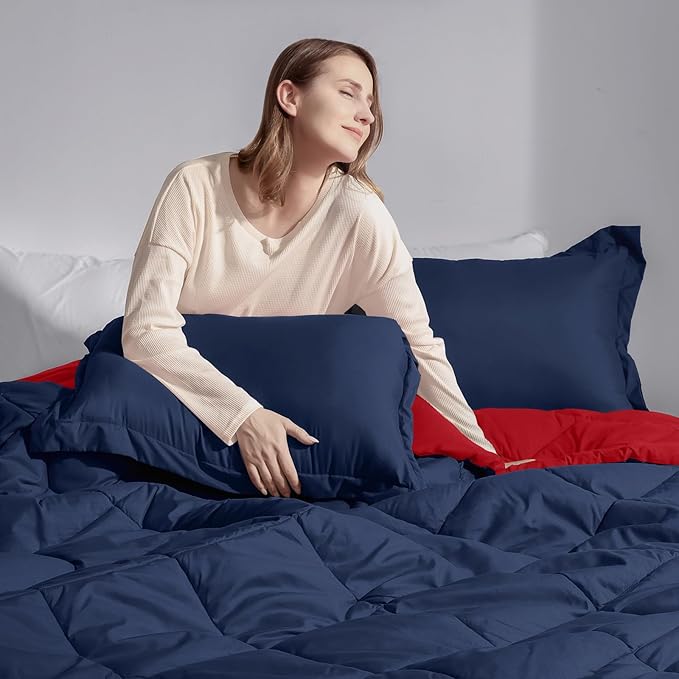 Basic Beyond California King Comforter Set, Navy and Red Comforter Set California King for All Seasons, 1 Comforter 104"x96" and 2 Pillow Shams 20"x36"+2"