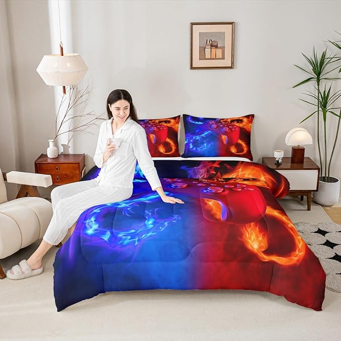 Ice Fire Dragon Comforter Set for Boys Teens Kids Gamer Games Room Decor Bedding Set Blue Red Gaming Gamepad Down Comforter ,Fairy Tale Animals Theme Room Decor 2Pcs Duvet Insert Twin Size,Soft