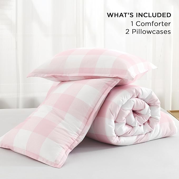 Andency Pink Checkered Comforter Full(79x90Inch), Plaid Gingham Buffalo Plaid Grid Bedding Sets for Girls Kids Women Kids Teens, 3 Pieces Lightweight Microfiber Geometric Preppy Bed Set
