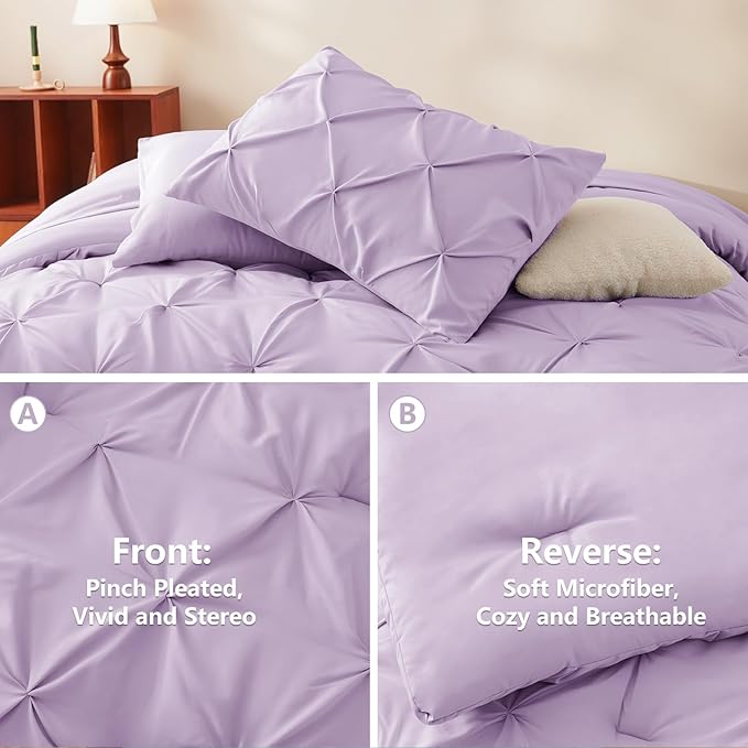 Full Comforter Set Lavender, 7 Pieces Pintuck Bed in A Bag Full Size Bedding, Soft Bed Set All Season Pinch Pleat Comforter Set with Sheets, Pillowcases & Shams
