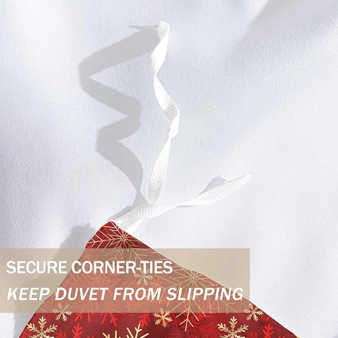 Nanko Merry Christmas Queen Size Duvet Cover, Red and Gold Snowflake Pattern Print, Microfiber Comforter Cover Set with Zip, New Year Modern Bedding Sets for Women Men Teen, 3Pcs 90x90 inch