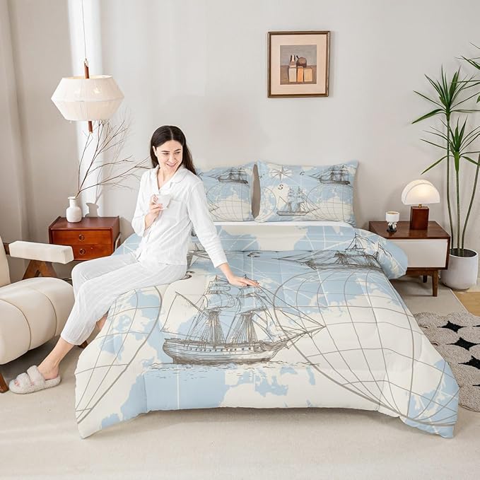 Erosebridal Nautical Comforter Set King, Vinatge Sailboat Bedding Set Room Decor, White Blue World Map Sketch Down Comforter, Retro Anchor Compass Quilt Set, Yacht Ship Bedding Comforter Sets, 3Pcs