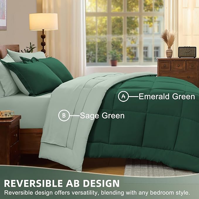 FUANNA Queen Comforter Set 7 Pieces, Reversible Bed in a Bag with All Season Soft Comforter, Bedding Sets Includes Comforter, Flat Sheet, Fitted Sheet, Pillowcases & Shams, Emerald Green & Sage Green