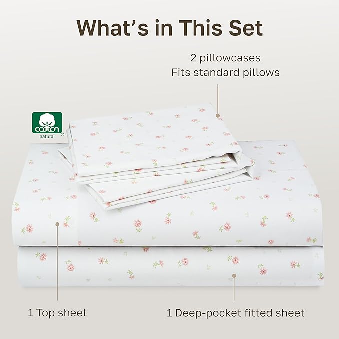 California Design Den Queen Sheet Set - 400 Thread Count Sateen, Natural 100% Cotton Sheets, Deep Pocket and Durable Bedding - Soft Floral