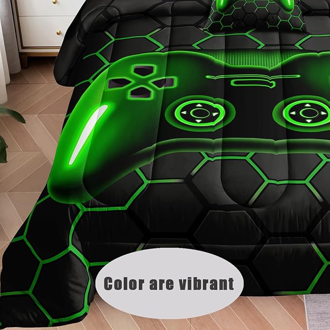 6 Pieces Bed in a Bag for Boys Bedding Sets Queen Size,Gamer Comforter Sets for Boys Kids, Gaming Comforter Set for Teens Room Decor with Flat Sheet,Fitted Sheet,Pillowcase,Cushion Cover