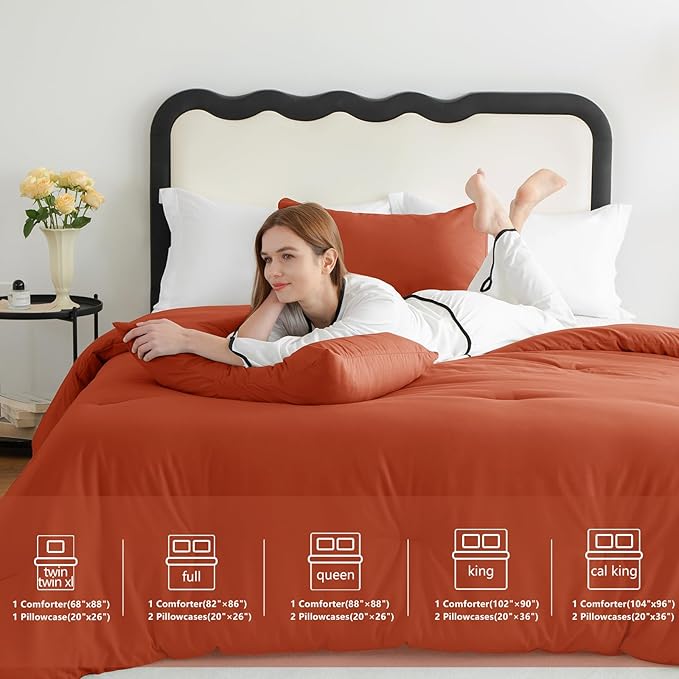 CozyLux Terracotta Comforter Set Twin/Twin XL Size, 2 Pieces Burnt Orange Twin Extra Long Solid Breathable Bedding Sets, Luxury Soft Bed Set with Down Alternative Comforter and 1 Pillowcase All Season