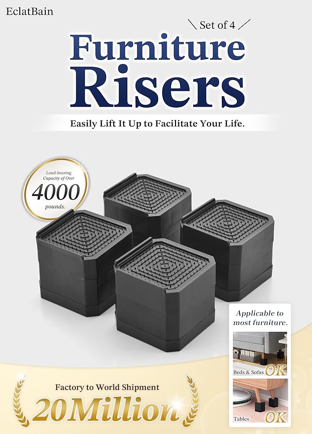 Bed Risers Furniture Risers Heavy-Duty Rectangular Adjustable Block 8 Pack Lift to 3 inches and 4.3 inches Desk, Sofa, Chair Legs, Refrigerator, Washing Machine Support up to 4000 pounds