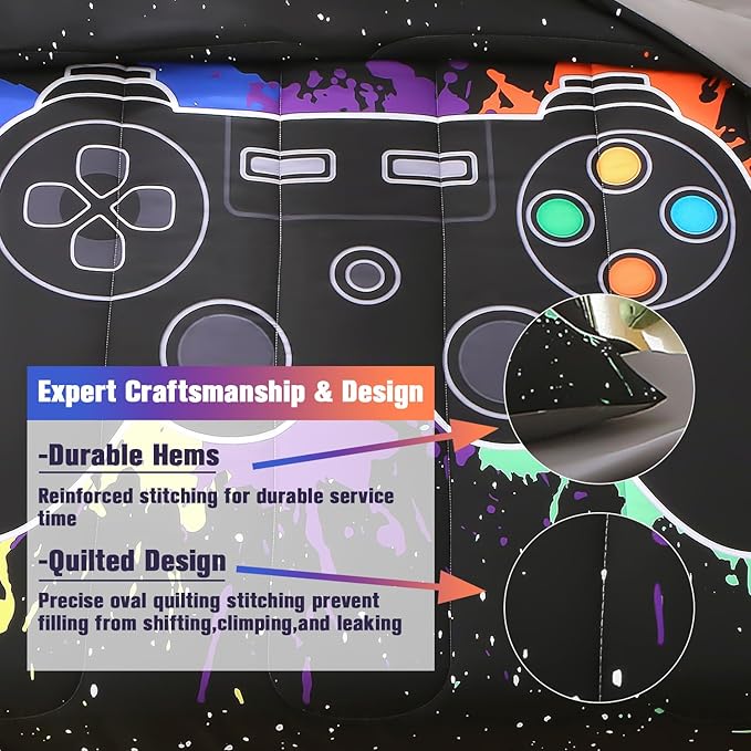 JQinHome Full Gamer Comforter Sets for Boys, 6 Piece Bed in A Bag 3D Video Game Bedding -All Season Soft Microfiber Gamer Bedding Sets, with Pillowcases, Flat Sheet, Fitted Sheet, Cushion Cover