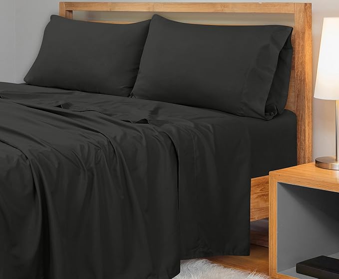 Royale Linens 300 Thread Count 100% Long Staple Combed Cotton Flat Sheet - Super Soft - Top Sheets - Queen Flat Sheet Sold Separately - Breathable, Cool & Crisp Percale Sheets Only (Queen, Black)