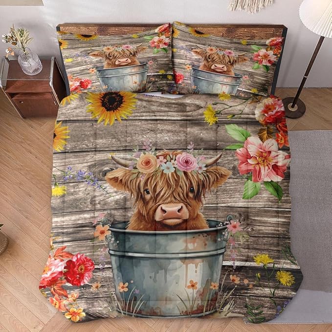Twin Size Comforter Set with Pillowcase, Happy Cute Cartoon Soft 2 Pcs Bedding for Kids and Adults, Highland Cow Flower Comforter Set for Bedroom Bed Decor