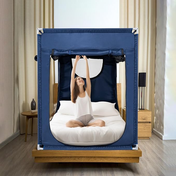 Twin Bed Canopy Portable Blackout Bed Tent Privacy Tent for Adult Indoor Sleeping with 3 Doors, Storage Bag, Navy Blue