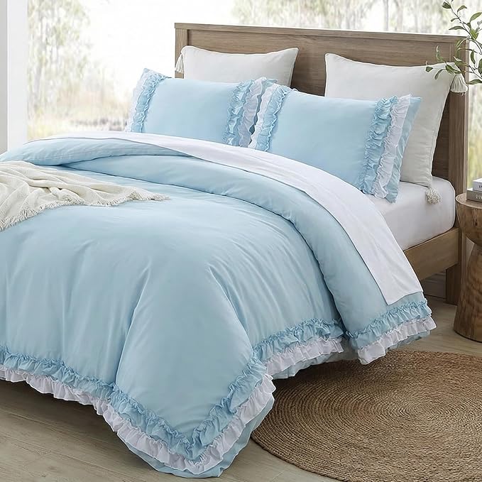 Bedrom Light Blue Duvet Cover Queen Ruffled Bedding Set Elegant Ruffle Lace Bedroom Decor Shabby Chic Farmhouse Style Blue Boho Duvet Cover Set