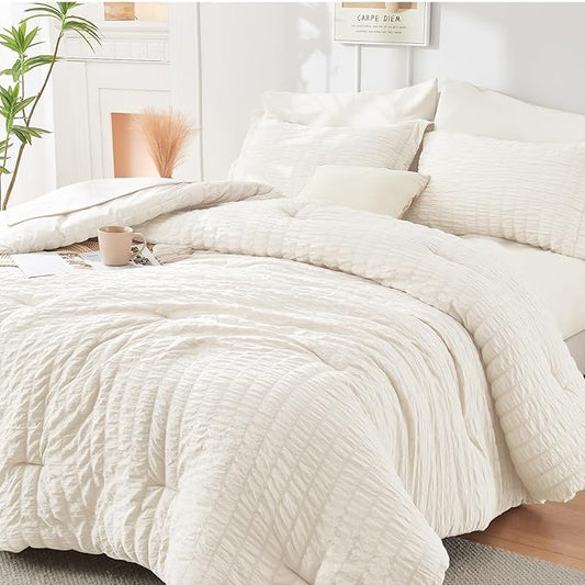 HYMOKEGE Ivory Twin Comforter Set Seersucker 5 Pieces, All Season Luxury Bed in a Bag for Bedroom, Bedding Set with Comforters, Sheets, Pillowcase & Shams