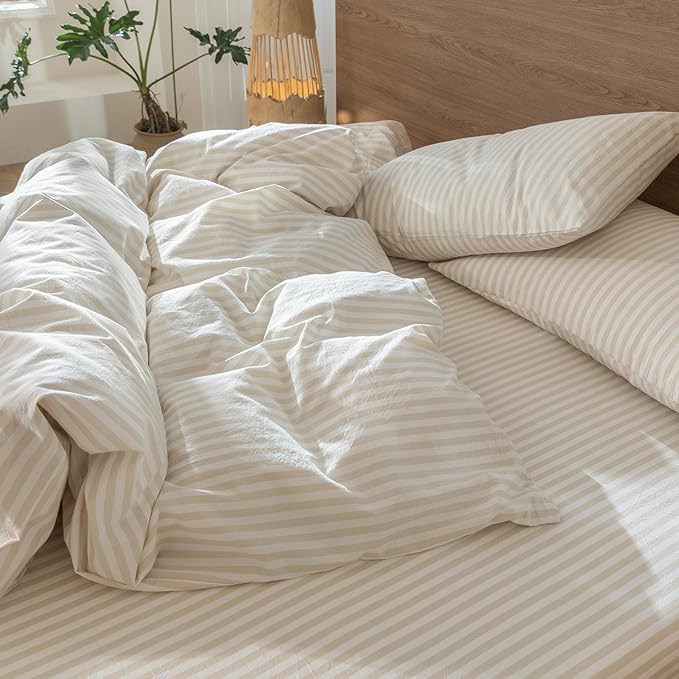 MooMee Striped Duvet Cover Set 100% Washed Cotton Linen Like Textured Breathable Durable Soft Comfy (Almond Milk Grey Classic Stripes, Super King 108"x98")