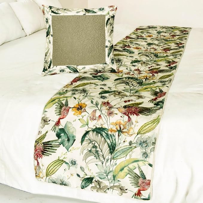 The HomeCentric King Queen Twin Ivory & Multi Designer Full 68"x18" Bed Runner with 2 Pillow Cover, Bird, Sequins & Beaded Bed Scarf on Cotton Fabric - Exotic Birds
