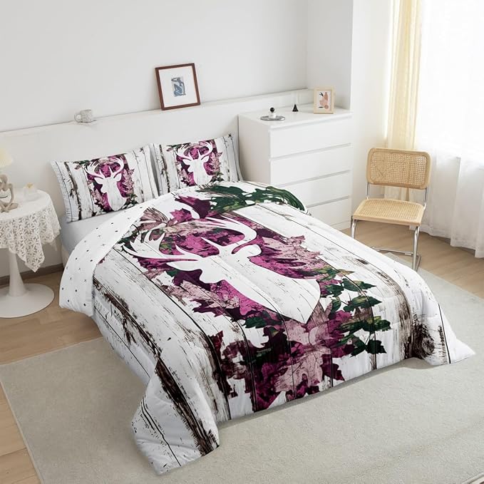 Feelyou Deer Hunting Comforter Size Pink Camo Deer Bedding Set Boys Girls Deer Antlers Army Camouflage Comforter Western Duvet Insert with 1 Pillow Case