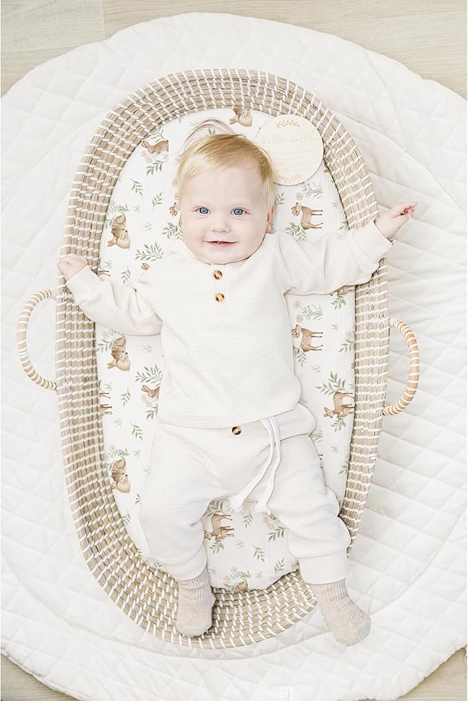 Konssy 2 Pack Muslin Bassinet Sheets for Boys, Girls, 100% Cotton Soft Breathable Fitted Bassinet Mattress Sheet, 32 x 16 inches (Woodland,Sage)