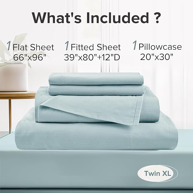 Comfort Spaces 100% Cotton Sheets Twin XL, Breathable, Soft Cotton Sheets, Naturally Cool Cotton Bed Sheets,12" Elastic Pocket Fits up to 14" Mattress, All Season Sheet Set, Twin XL Light Blue 3 Piece