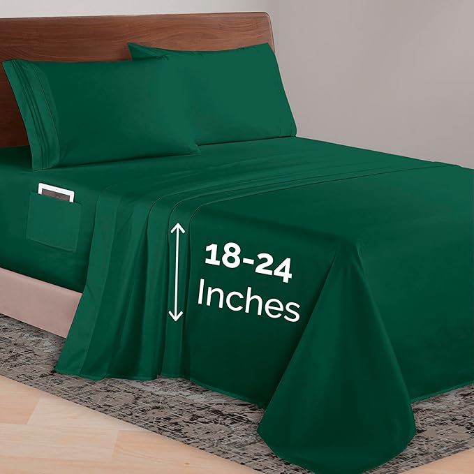 Elegant Comfort Luxurious 1500 Premium Hotel Quality Microfiber 4-Piece Sheet Set, 18-24 Inches Deep - Extra Deep Pocket Sheets - Ultra Soft 4PC Deep Pocket Sheets, Twin/Twin XL, Hunter Green