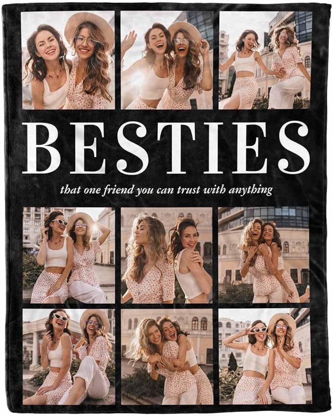 Custom Blankets with Photos and Text, 9 Photos Custom Blankets Best Friend Blanket for Birthdays Christmas Best Friend Sister BFF Girls, 8 Sizes