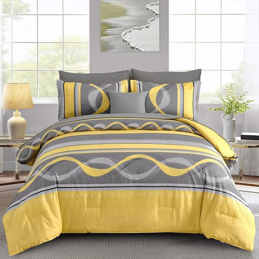 Anibedding Yellow Comforter Set Full Size,8 Pieces Bed in a Bag Patchwork Striped Bedding Sets,Boho Soft Microfiber Bedding Set for All Season(78"×90")