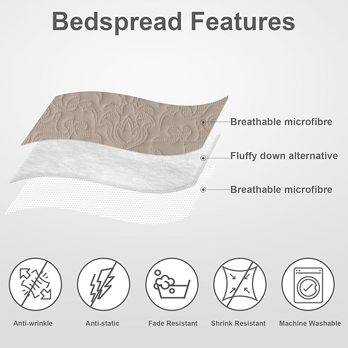 Hansleep Taupe Quilt King Size - Damask Ultrasonic All Season Bedspread King, Soft Lightweight Coverlet Bedding Set, 3 Piece (1 Quilt, 2 Pillow Shams)