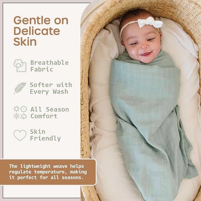 Organic Baby Muslin Swaddle Blankets for Boy or Girl - Eucalyptus Leaves and Sage Swaddling Blanket 2 Pack - Soft Muslin, XLarge and Breathable, Boho Baby, 47" X 47"