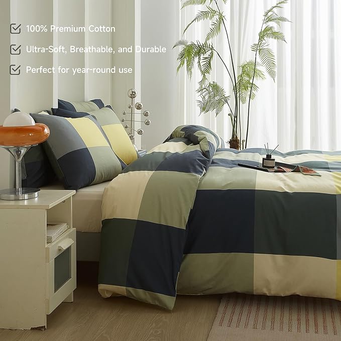mixinni Multicolor Checkered Duvet Cover Set Twin Size - Modern Geometric Plaid Bedding Set with 2 Pillowcases, Soft Premium Cotton Duvet Cover for Boys, Men & Teens, with Zipper Ties(Twin Size)