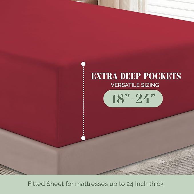 Elegant Comfort Luxurious 1500 Premium Hotel Quality Microfiber 4-Piece Sheet Set, 18-24 Inches Deep - Extra Deep Pocket Sheets - Ultra Soft 4PC Deep Pocket Sheets, Queen, Burgundy